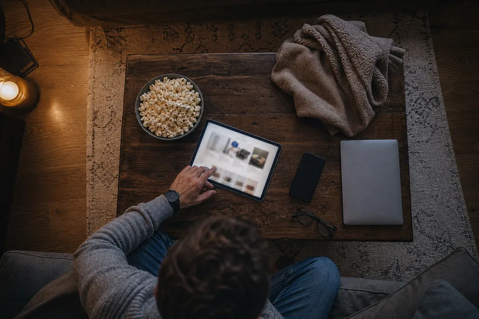 Overhead view of a coffee table with a tablet, a phone and a laptop next to a person on a sofa